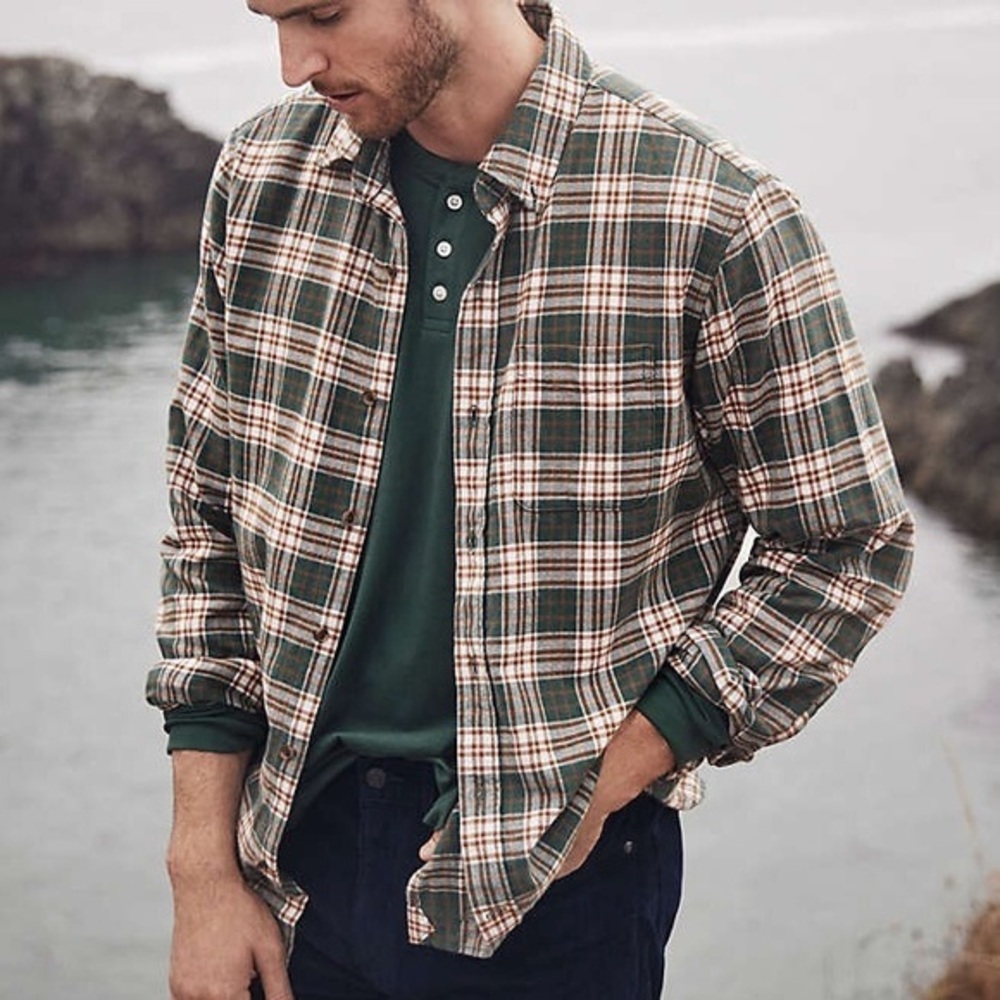 Lands’ End Men's Woodland Green Brown Plaid M Traditional Fit Flannel Shirt NWOT